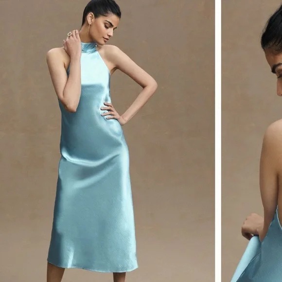 ANTHROPOLOGIE Sachin & Babi Sadie Halter Tie Neck Hammered Satin NEW 14 Dress - Picture 2 of 15